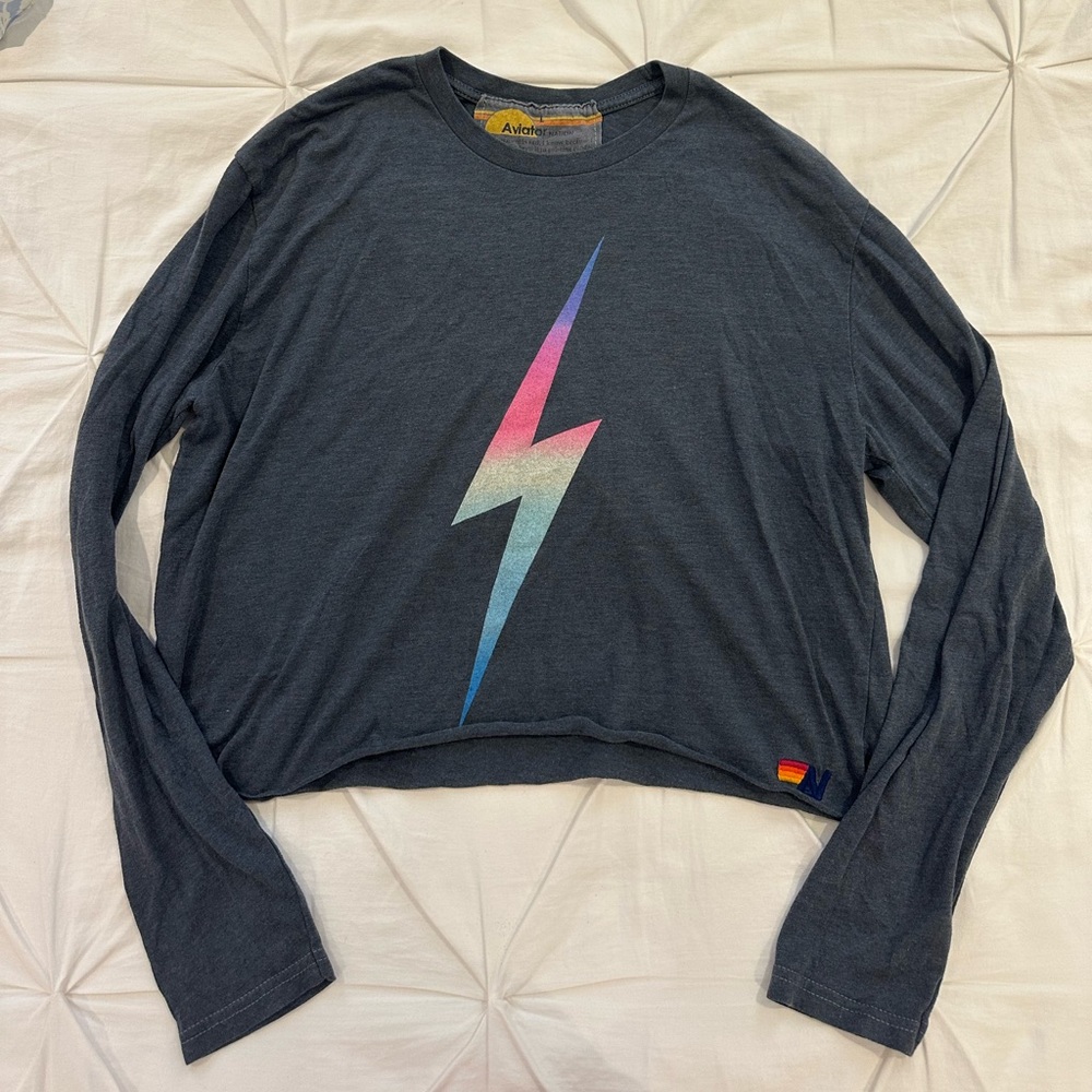 Aviator Nation Rainbow Lighting Bolt Gray Long Sleeve Shirt